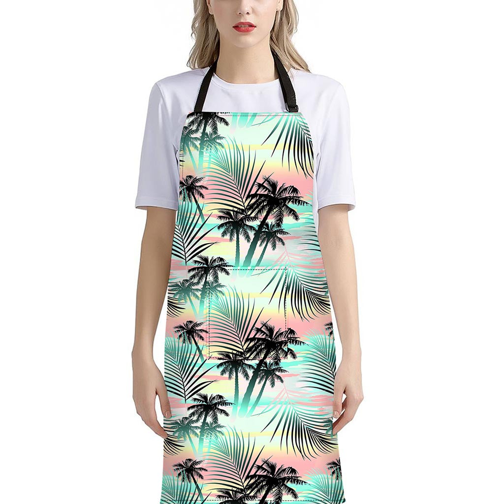 Pastel Palm Tree Pattern Print Bib Apron With Pocket
