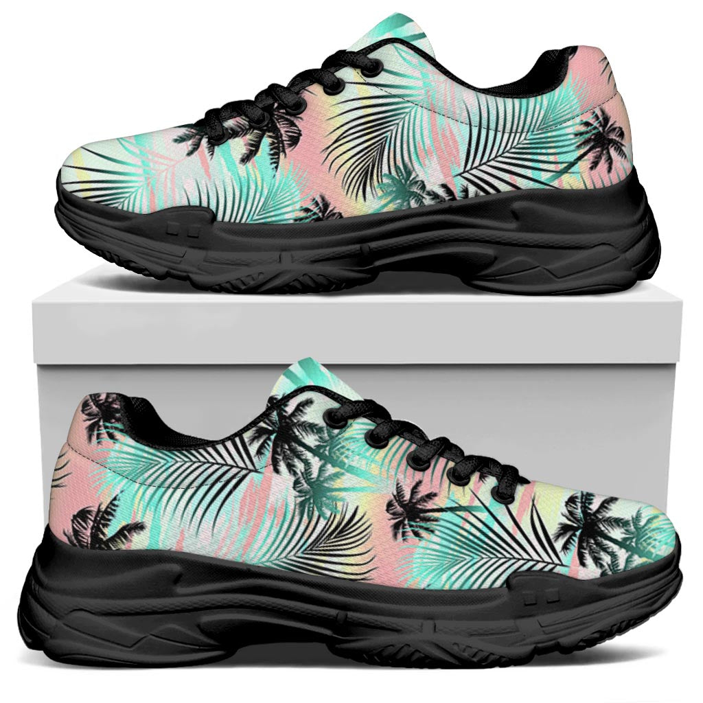 Pastel Palm Tree Pattern Print Black Chunky Shoes