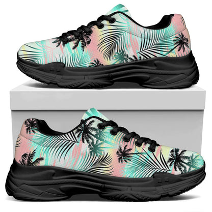 Pastel Palm Tree Pattern Print Black Chunky Shoes