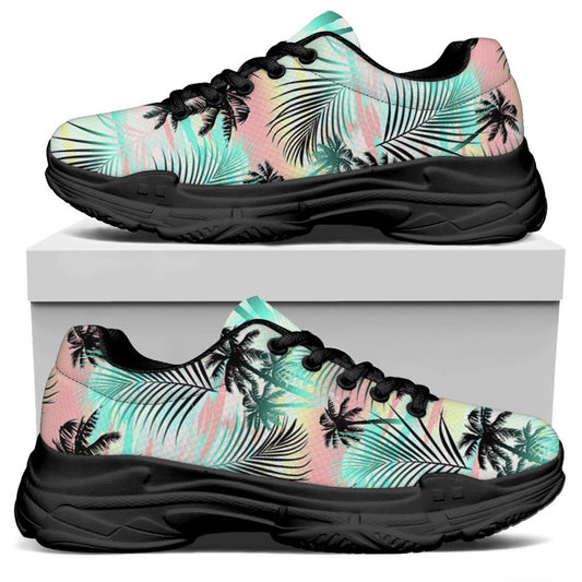 Pastel Palm Tree Pattern Print Black Chunky Shoes