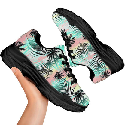 Pastel Palm Tree Pattern Print Black Chunky Shoes