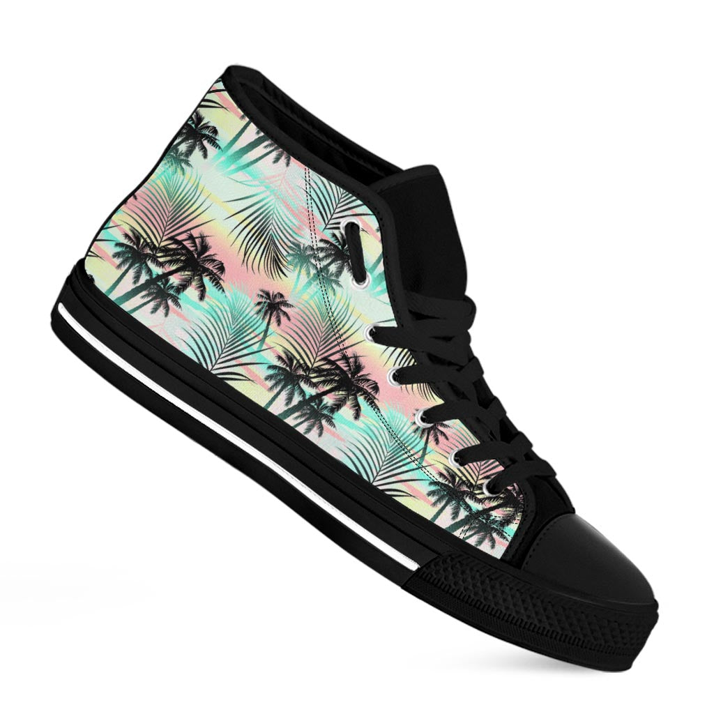 Pastel Palm Tree Pattern Print Black High Top Sneakers