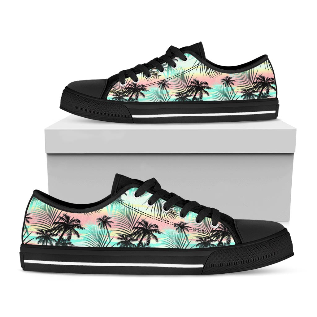 Pastel Palm Tree Pattern Print Black Low Top Sneakers