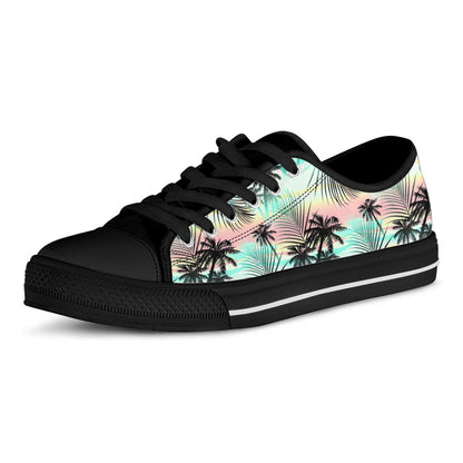 Pastel Palm Tree Pattern Print Black Low Top Sneakers