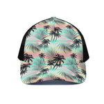 Pastel Palm Tree Pattern Print Black Mesh Trucker Cap