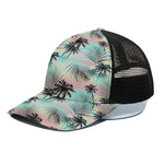 Pastel Palm Tree Pattern Print Black Mesh Trucker Cap