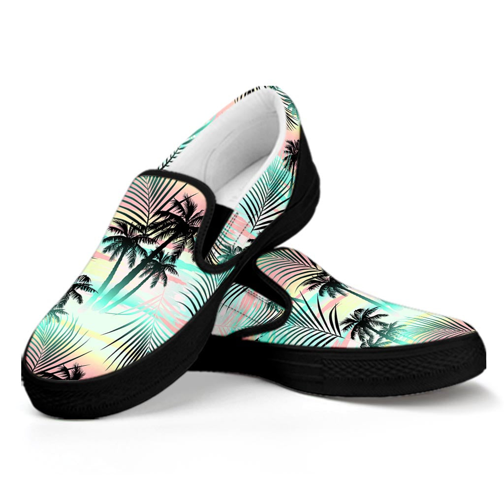 Pastel Palm Tree Pattern Print Black Slip On Sneakers