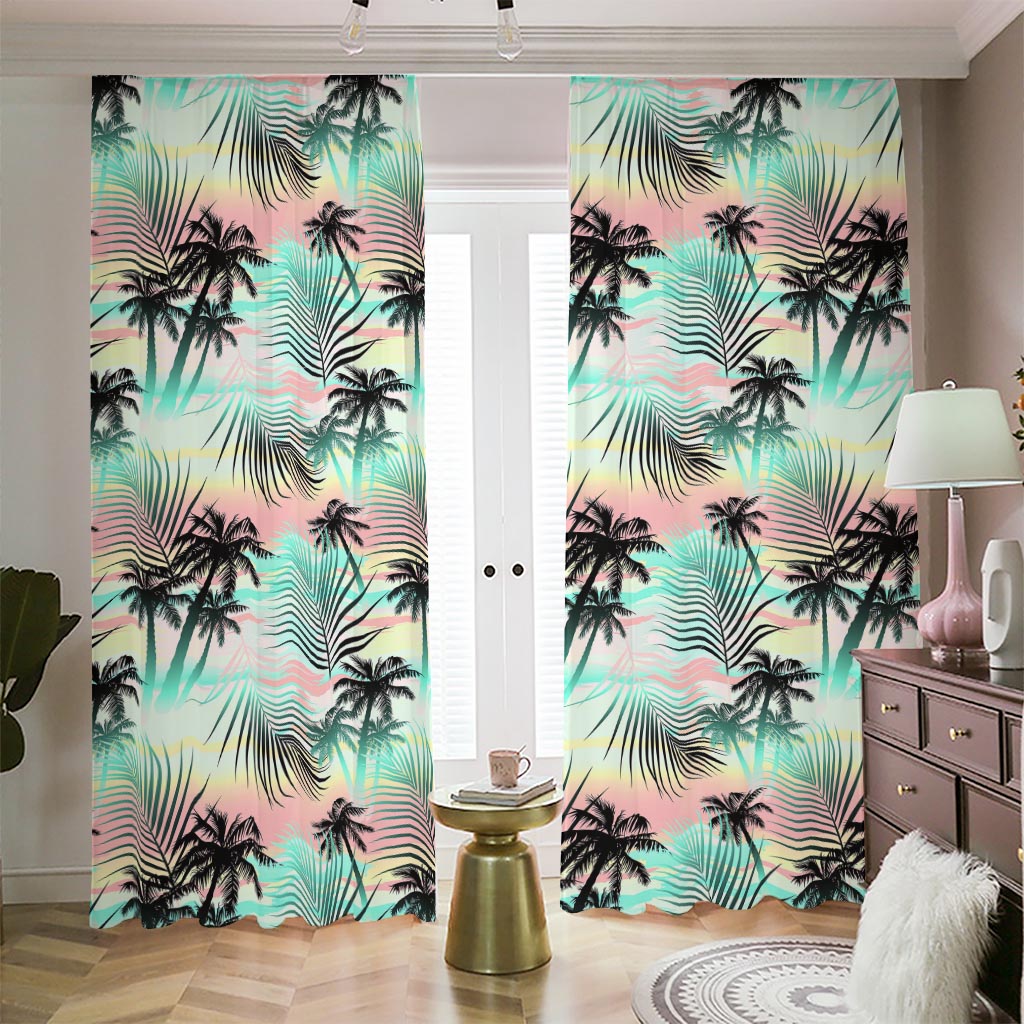 Pastel Palm Tree Pattern Print Blackout Pencil Pleat Curtains