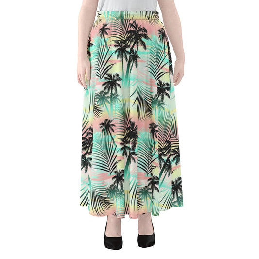 Pastel Palm Tree Pattern Print Chiffon Maxi Skirt