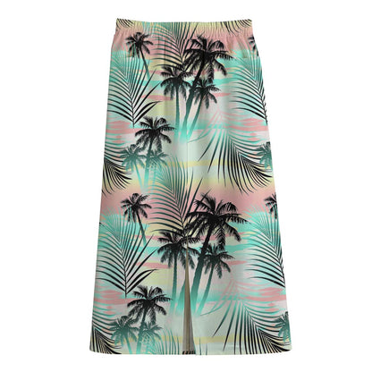 Pastel Palm Tree Pattern Print Cotton Front Slit Maxi Skirt