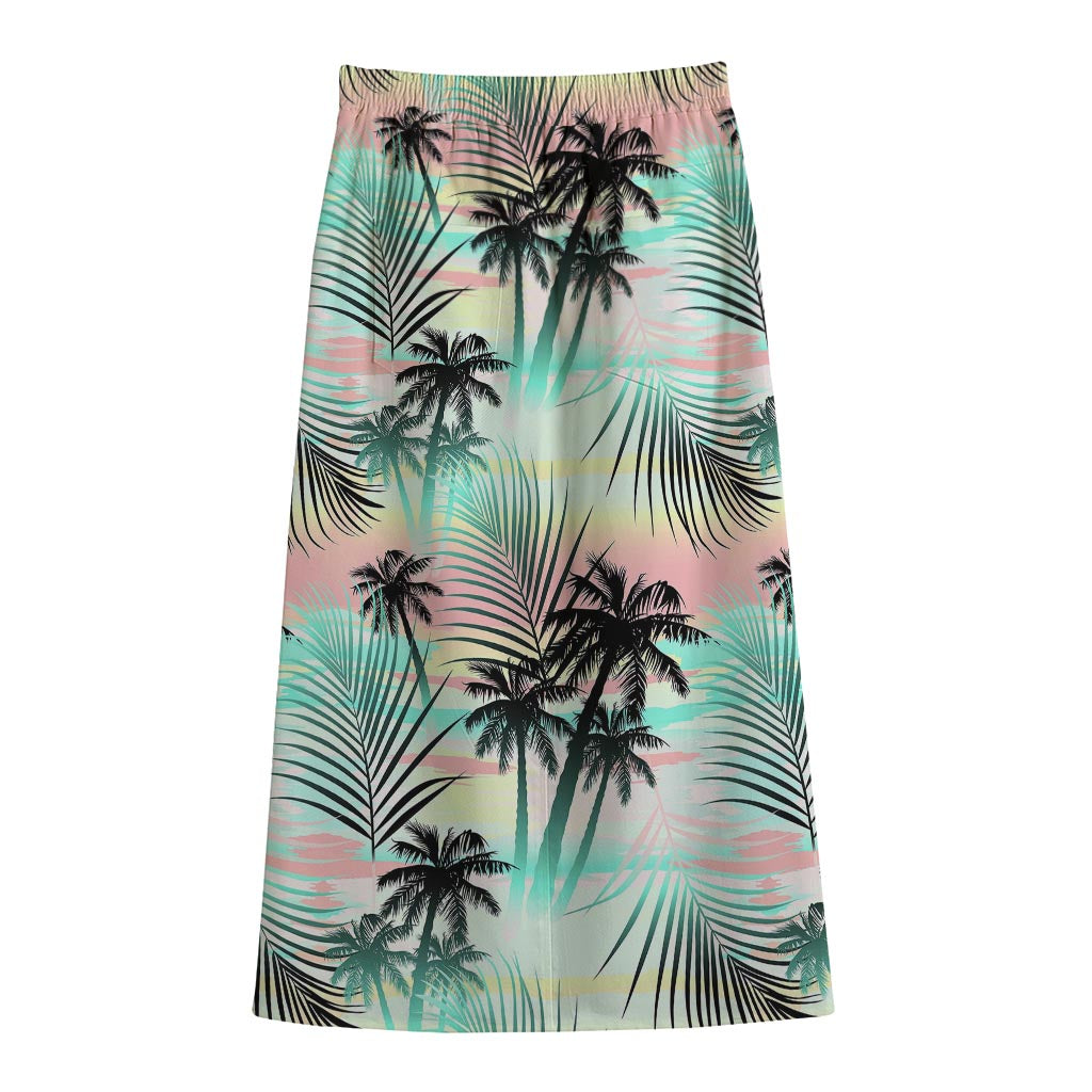 Pastel Palm Tree Pattern Print Cotton Front Slit Maxi Skirt