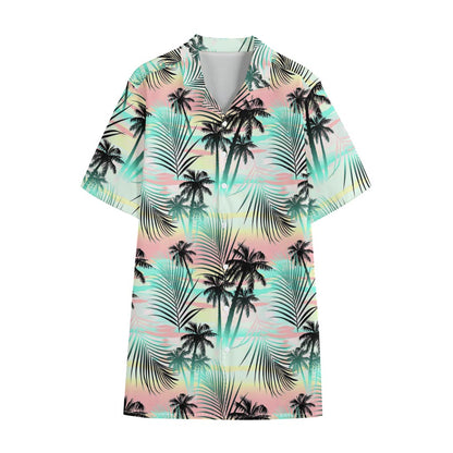 Pastel Palm Tree Pattern Print Cotton Hawaiian Shirt