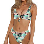 Pastel Palm Tree Pattern Print Front Bow Tie Bikini