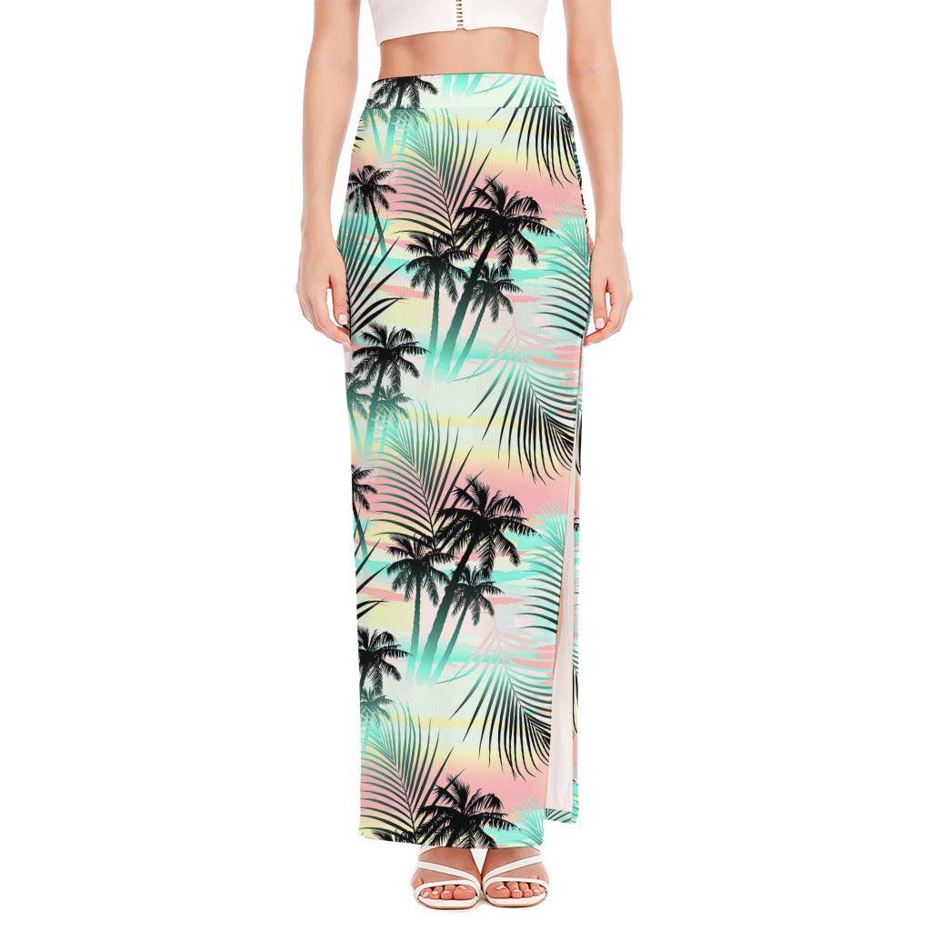 Pastel Palm Tree Pattern Print High Slit Maxi Skirt