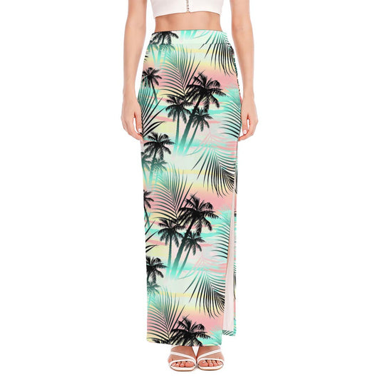 Pastel Palm Tree Pattern Print High Slit Maxi Skirt