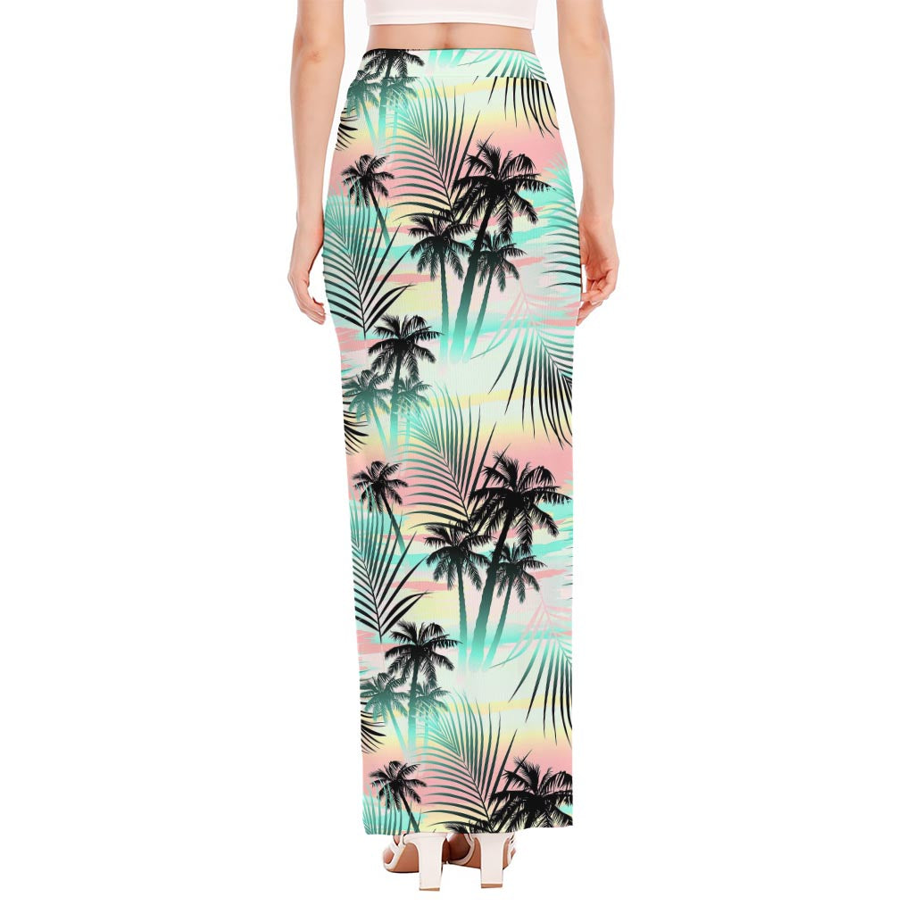 Pastel Palm Tree Pattern Print High Slit Maxi Skirt