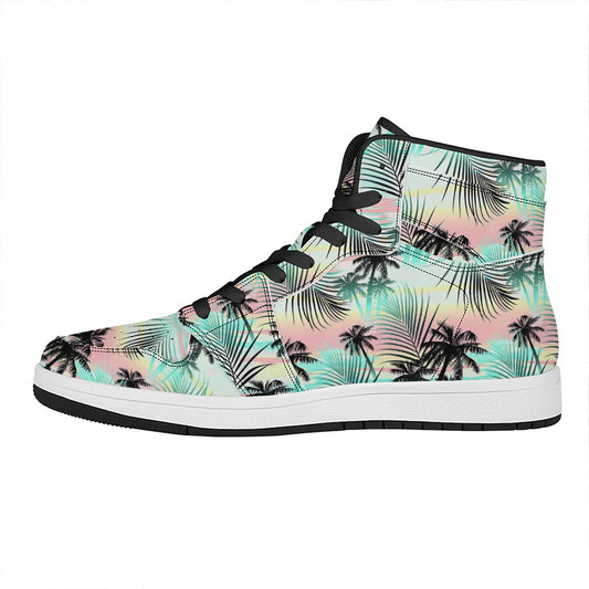 Pastel Palm Tree Pattern Print High Top Leather Sneakers