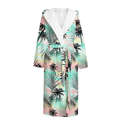 Pastel Palm Tree Pattern Print Hooded Bathrobe