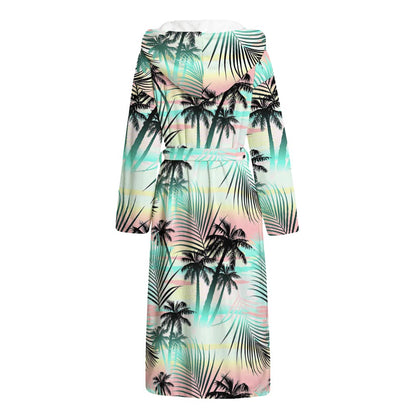 Pastel Palm Tree Pattern Print Hooded Bathrobe
