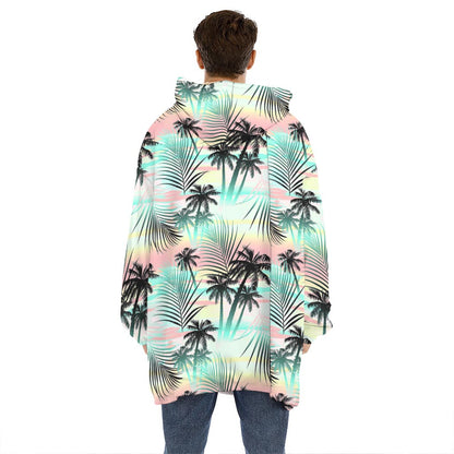 Pastel Palm Tree Pattern Print Hoodie Blanket