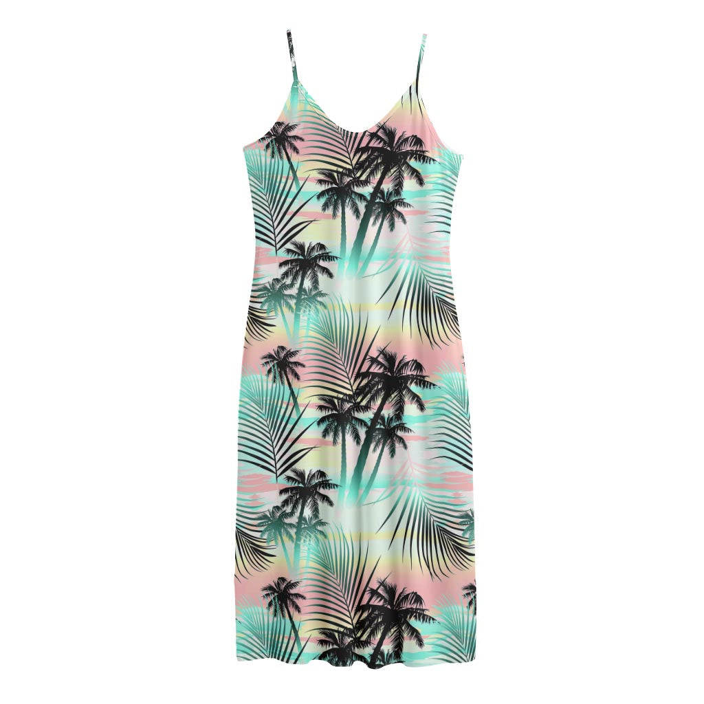 Pastel Palm Tree Pattern Print Jersey Midi Cami Dress