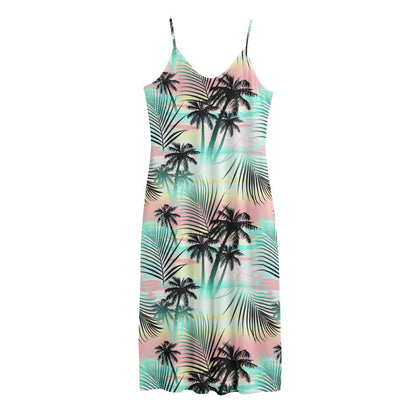 Pastel Palm Tree Pattern Print Jersey Midi Cami Dress