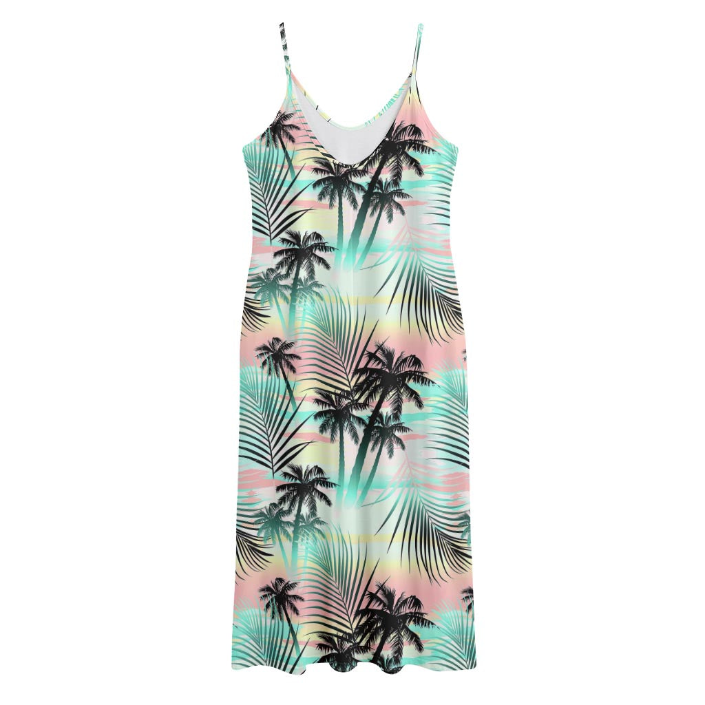 Pastel Palm Tree Pattern Print Jersey Midi Cami Dress