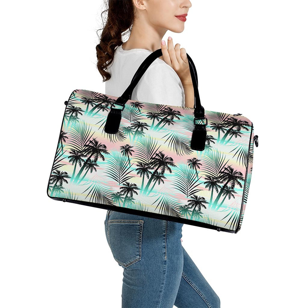Pastel Palm Tree Pattern Print Leather Duffle Bag