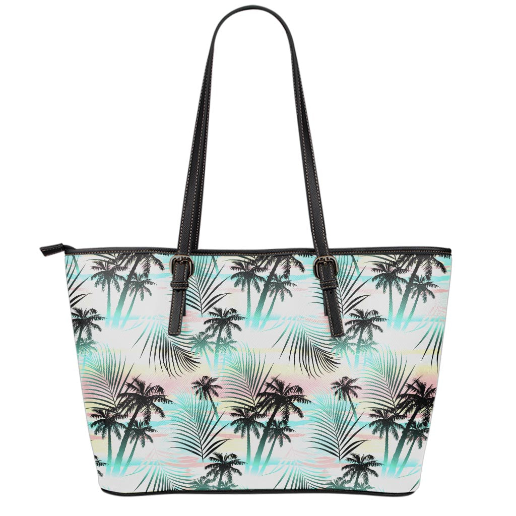 Pastel Palm Tree Pattern Print Leather Tote Bag
