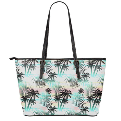 Pastel Palm Tree Pattern Print Leather Tote Bag