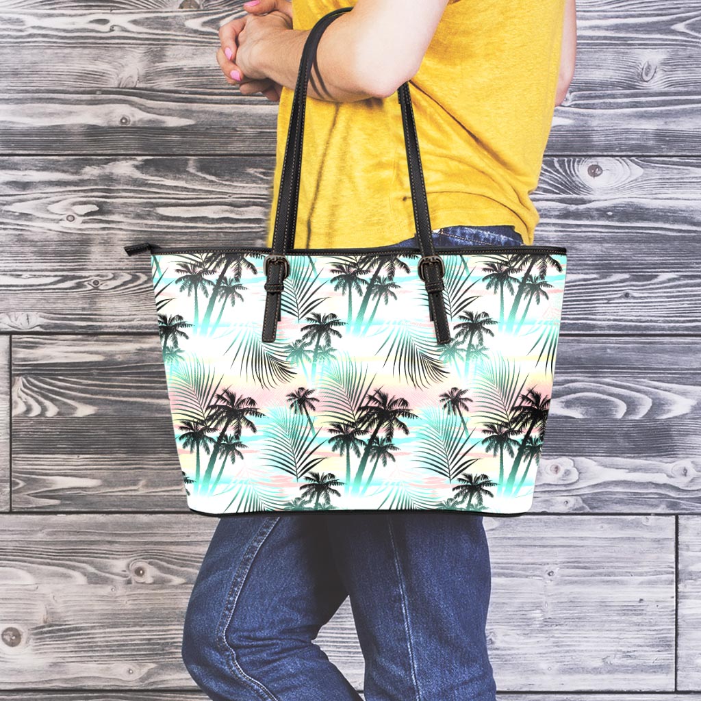 Pastel Palm Tree Pattern Print Leather Tote Bag