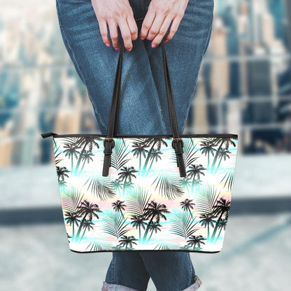 Pastel Palm Tree Pattern Print Leather Tote Bag