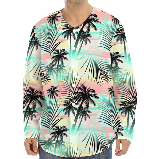 Pastel Palm Tree Pattern Print Long Sleeve Baseball Jersey