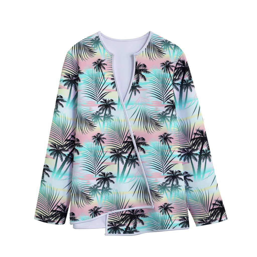 Pastel Palm Tree Pattern Print Long Sleeve Short Coat