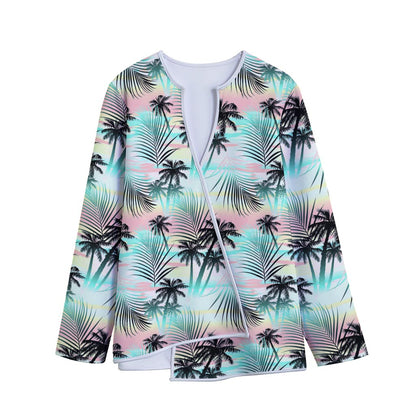 Pastel Palm Tree Pattern Print Long Sleeve Short Coat