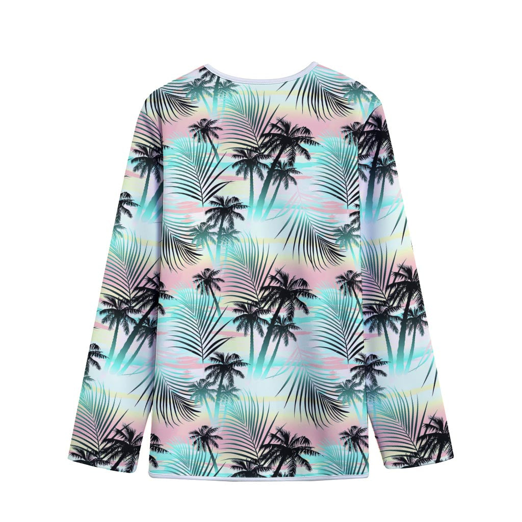 Pastel Palm Tree Pattern Print Long Sleeve Short Coat