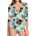 Pastel Palm Tree Pattern Print Long Sleeve Swimsuit