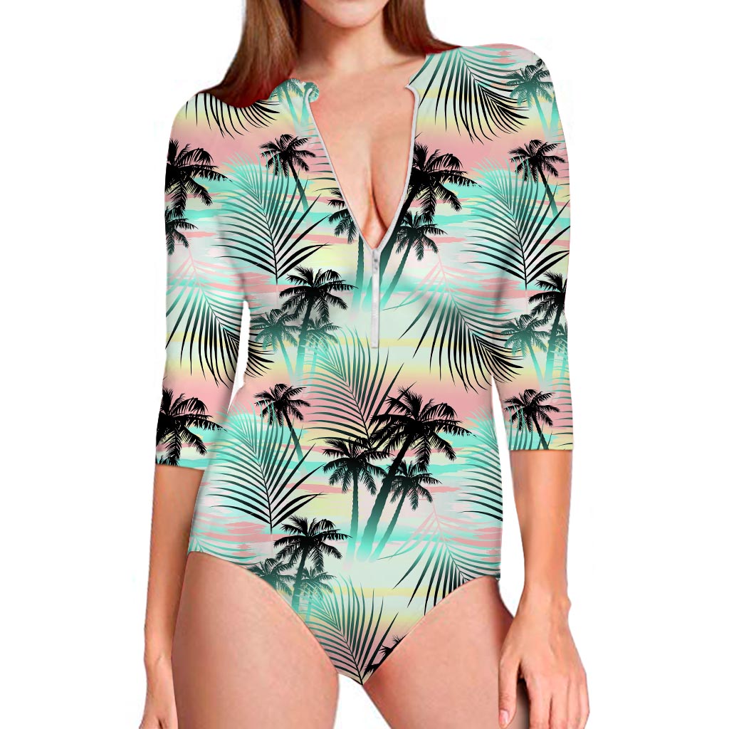 Pastel Palm Tree Pattern Print Long Sleeve Swimsuit