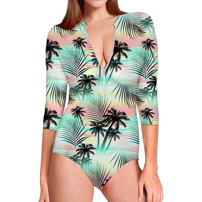 Pastel Palm Tree Pattern Print Long Sleeve Swimsuit