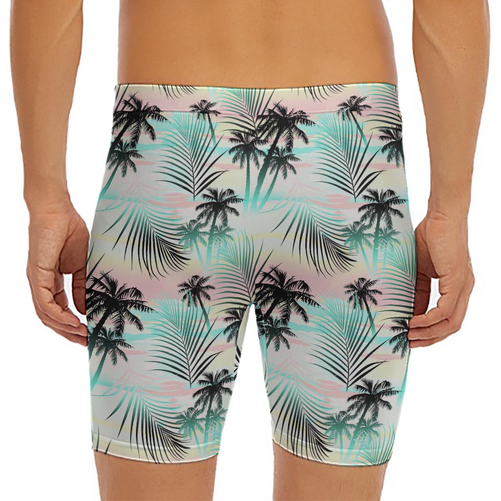 Pastel Palm Tree Pattern Print Men's Long Boxer Briefs