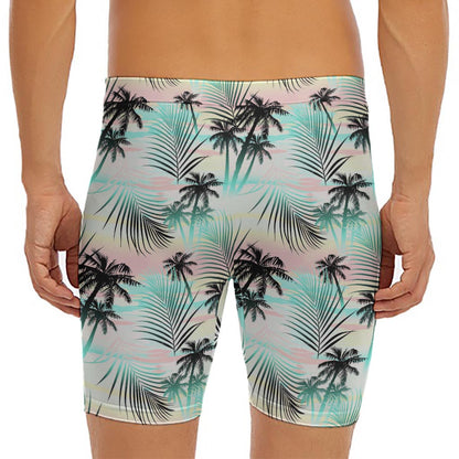 Pastel Palm Tree Pattern Print Men's Long Boxer Briefs
