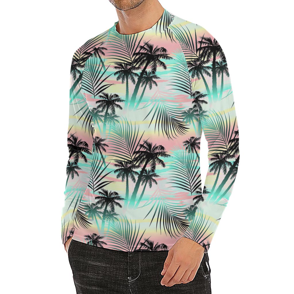 Pastel Palm Tree Pattern Print Men's Long Sleeve Rash Guard