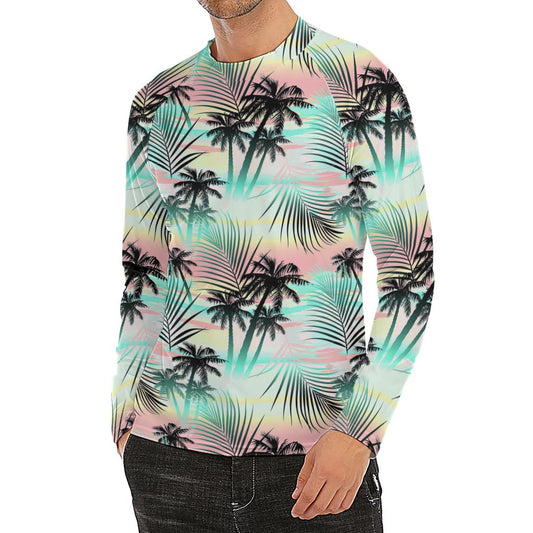 Pastel Palm Tree Pattern Print Men's Long Sleeve Rash Guard
