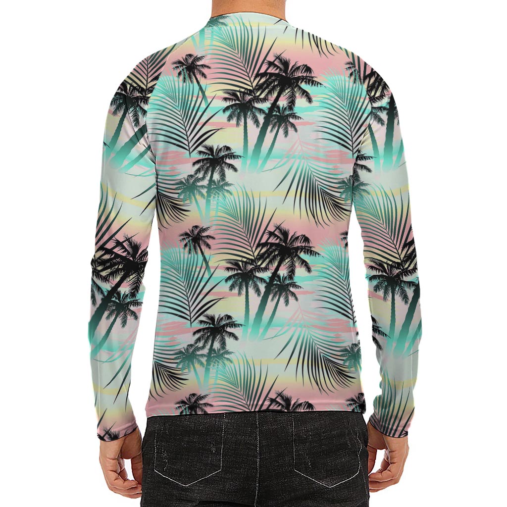 Pastel Palm Tree Pattern Print Men's Long Sleeve Rash Guard