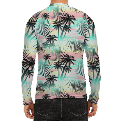 Pastel Palm Tree Pattern Print Men's Long Sleeve Rash Guard
