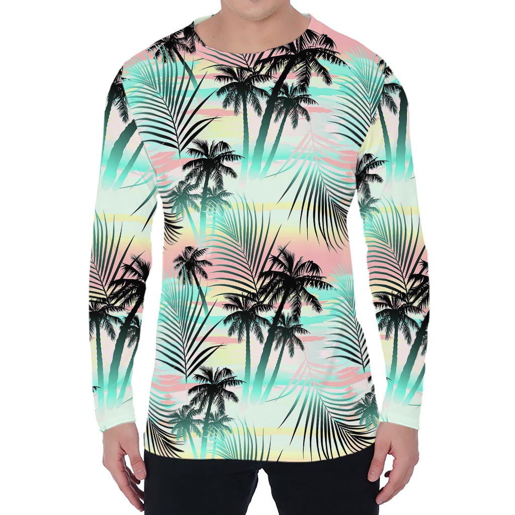 Pastel Palm Tree Pattern Print Men's Long Sleeve T-Shirt