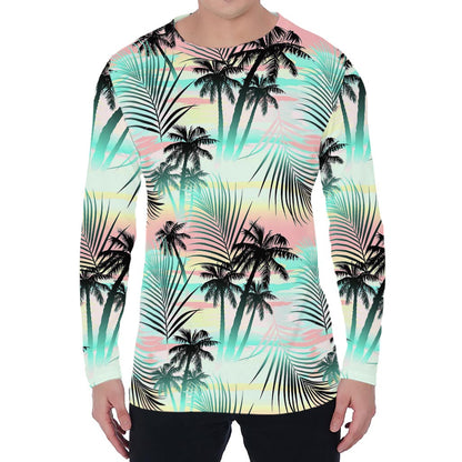 Pastel Palm Tree Pattern Print Men's Long Sleeve T-Shirt
