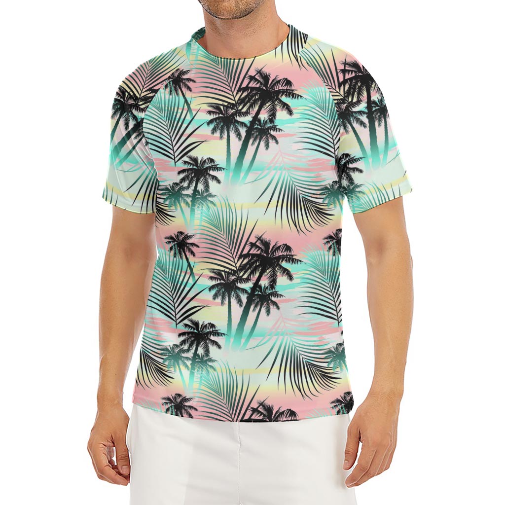 Pastel Palm Tree Pattern Print Men's Short Sleeve Rash Guard