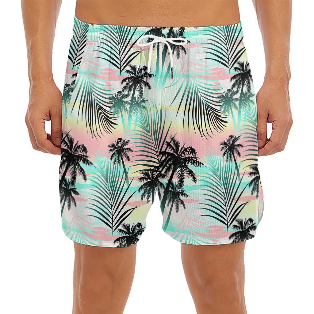 Pastel Palm Tree Pattern Print Men's Split Running Shorts