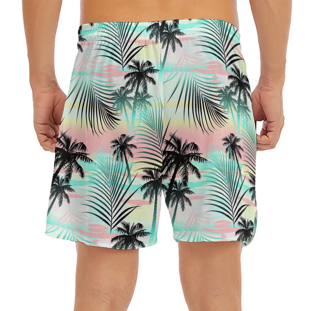 Pastel Palm Tree Pattern Print Men's Split Running Shorts